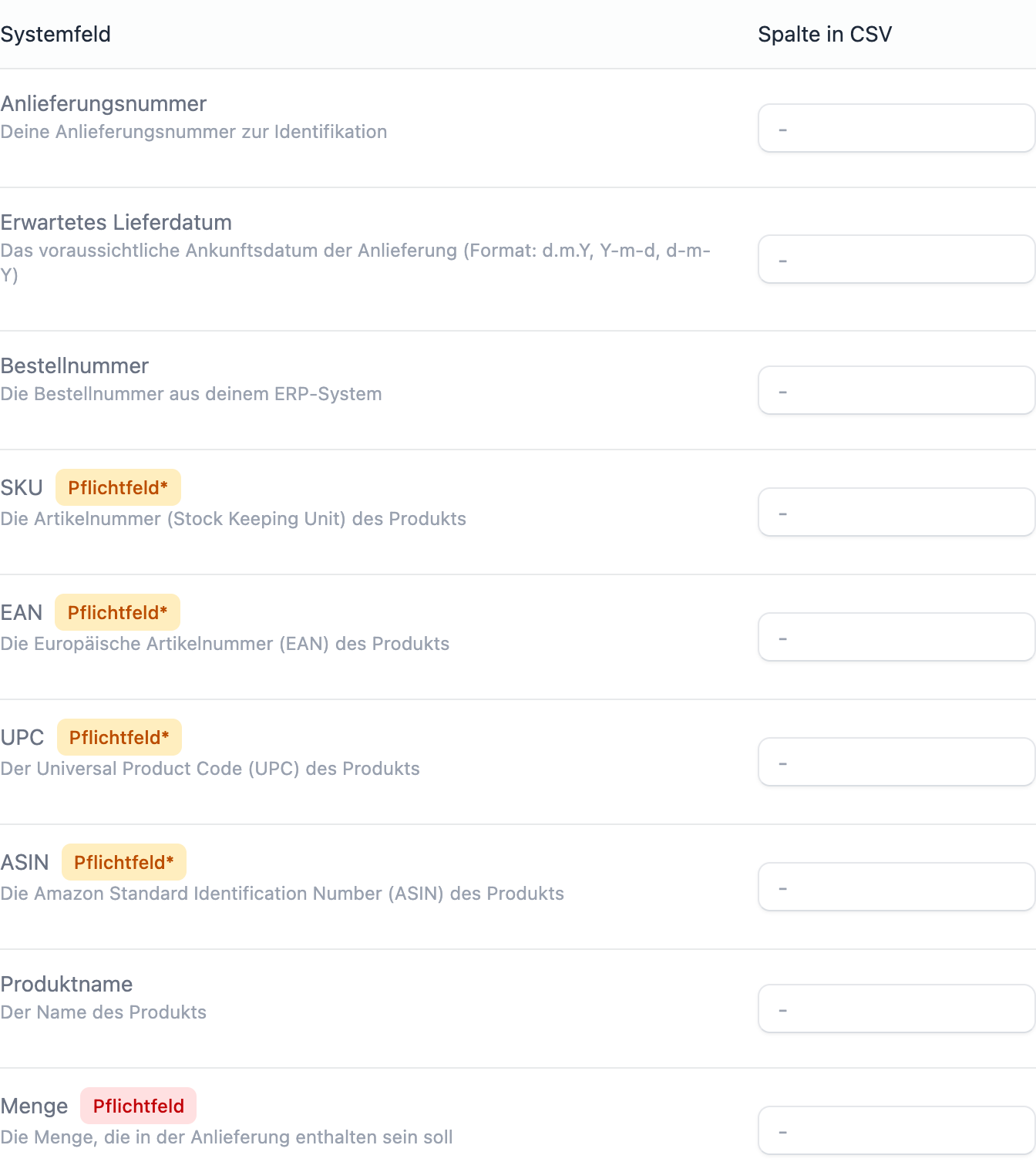 FFN Connect: Zuordnungstabelle mit den Spalten Systemfeld und Spalte in CSV sowie den Kennzeichen „Pflichtfeld" und „Pflichtfeld*"
