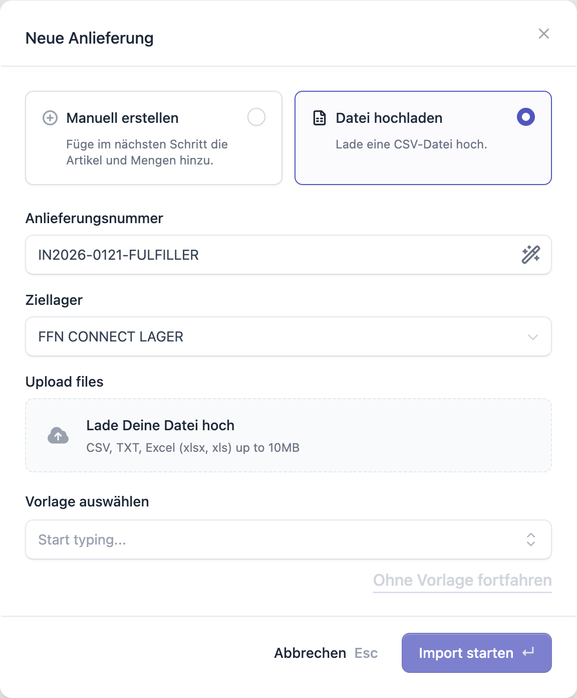 FFN Connect: Dialog „Neue Anlieferung" im Modus „Datei hochladen" mit Anlieferungsnummer, Ziellager, Upload-Feld und Vorlagenauswahl