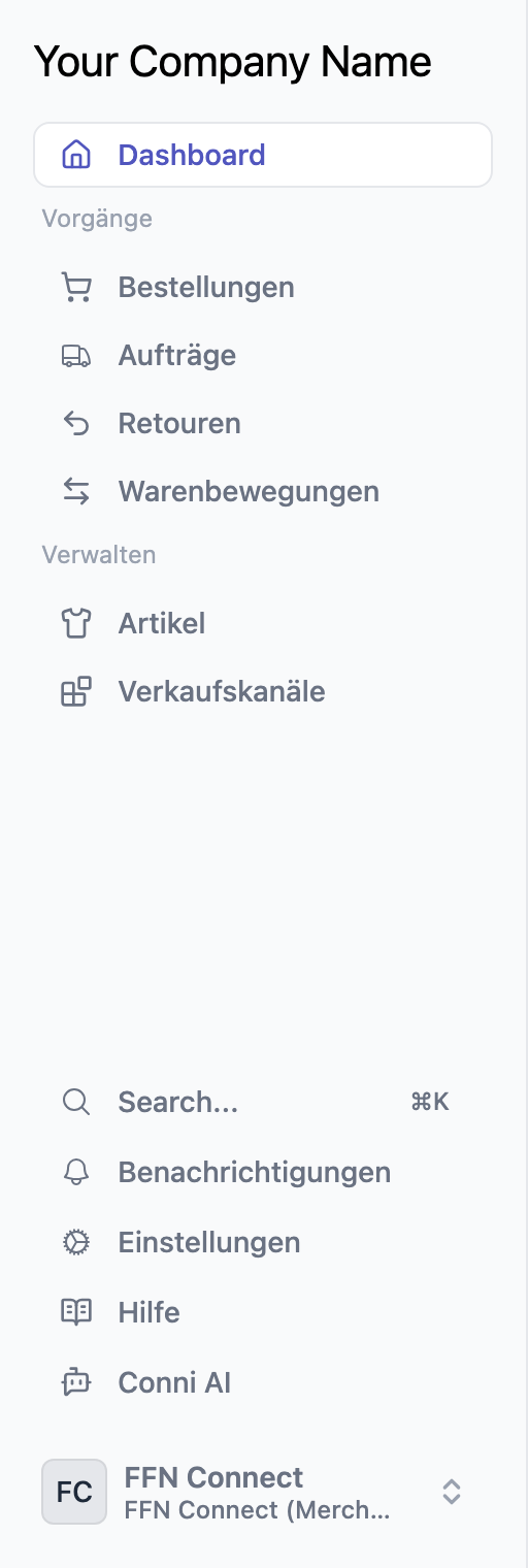 Die Seitenleiste von FFN Connect mit den Gruppen Vorgänge und Verwalten