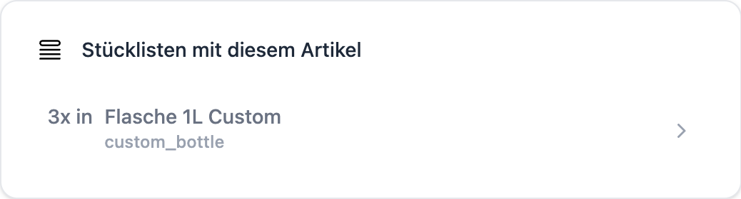 FFN Connect: Karte „Stücklisten mit diesem Artikel" auf einem Komponenten-Artikel