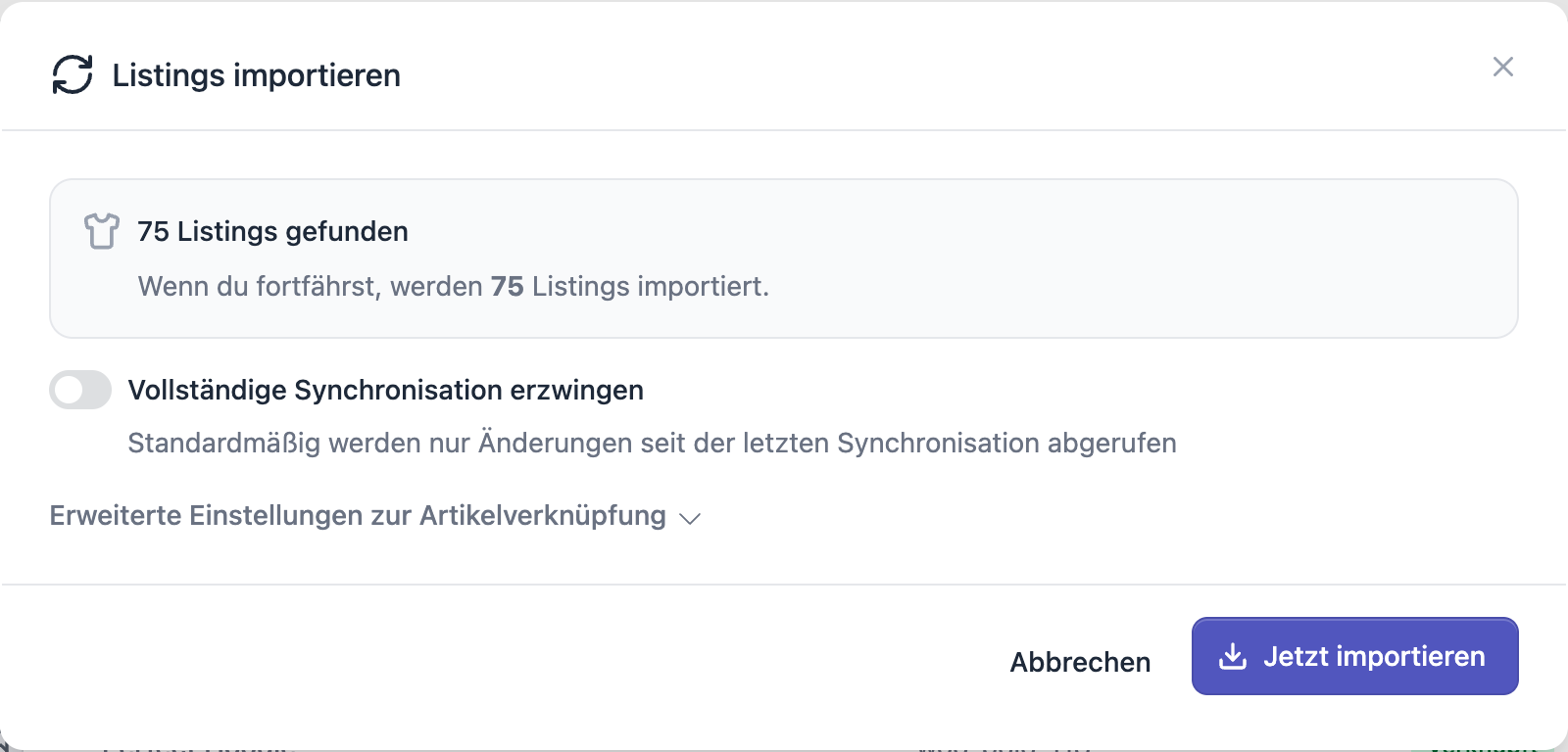 FFN Connect: Dialog „Listings importieren" mit der Anzahl gefundener Listings, dem Schalter „Vollständige Synchronisation erzwingen" und der Schaltfläche „Jetzt importieren"