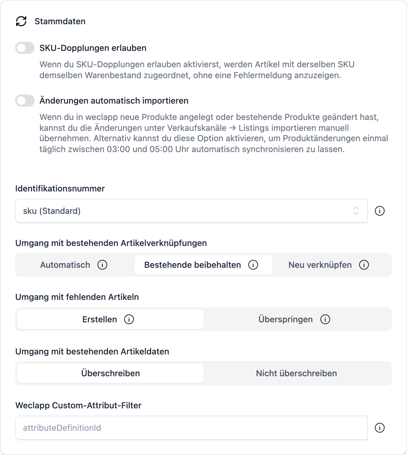 FFN Connect: Einstellungen mit Identifikationsnummer, Umgang mit bestehenden Artikelverknüpfungen, fehlenden Artikeln und bestehenden Artikeldaten