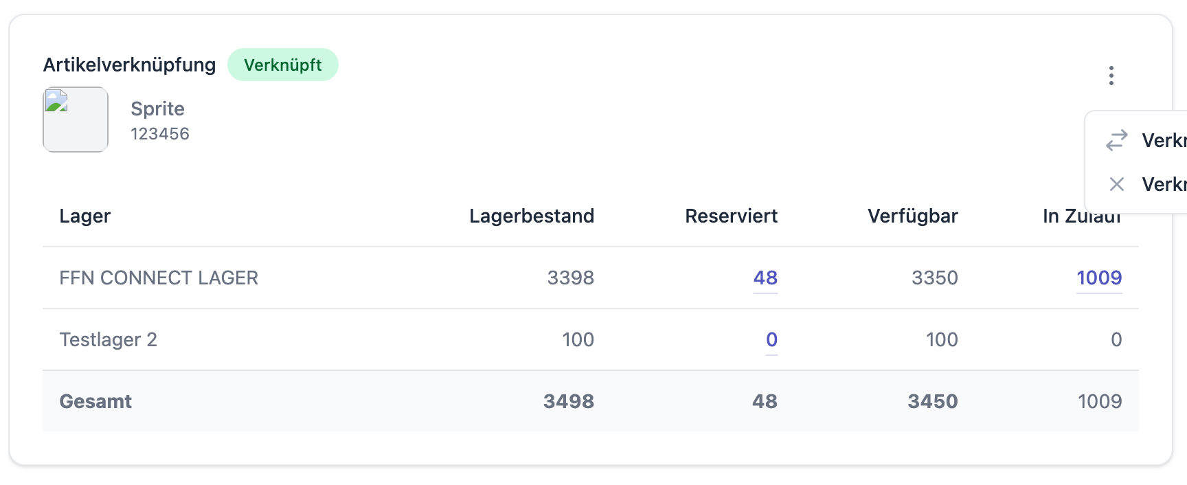 FFN Connect: Karte „Artikelverknüpfung" mit geöffnetem Menü „Verknüpfung ändern" und „Verknüpfung aufheben"