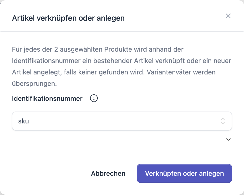 FFN Connect: Dialog „Artikel verknüpfen oder anlegen" mit der Auswahl der Identifikationsnummer