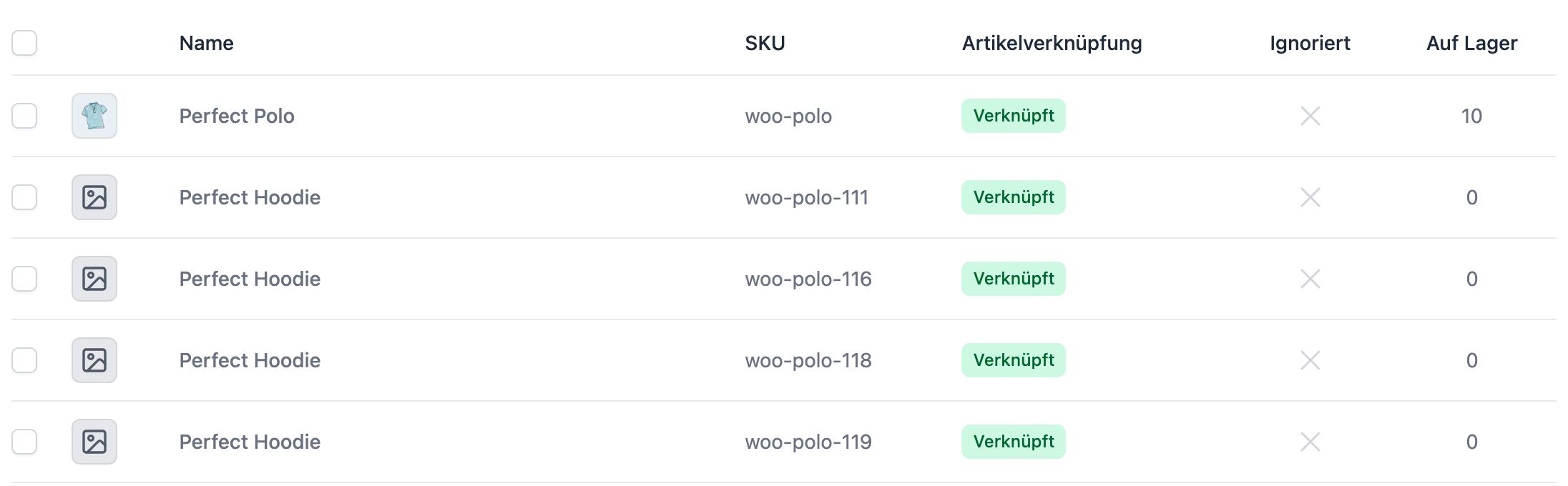 Listings-Tabelle eines Verkaufskanals mit den Spalten Name, SKU, Artikelverknüpfung, Ignoriert und Auf Lager