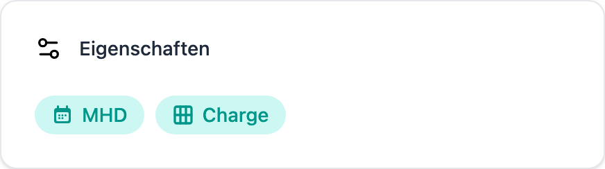 Karte „Eigenschaften" am Inventar-Artikel mit den Merkmalen MHD und Charge