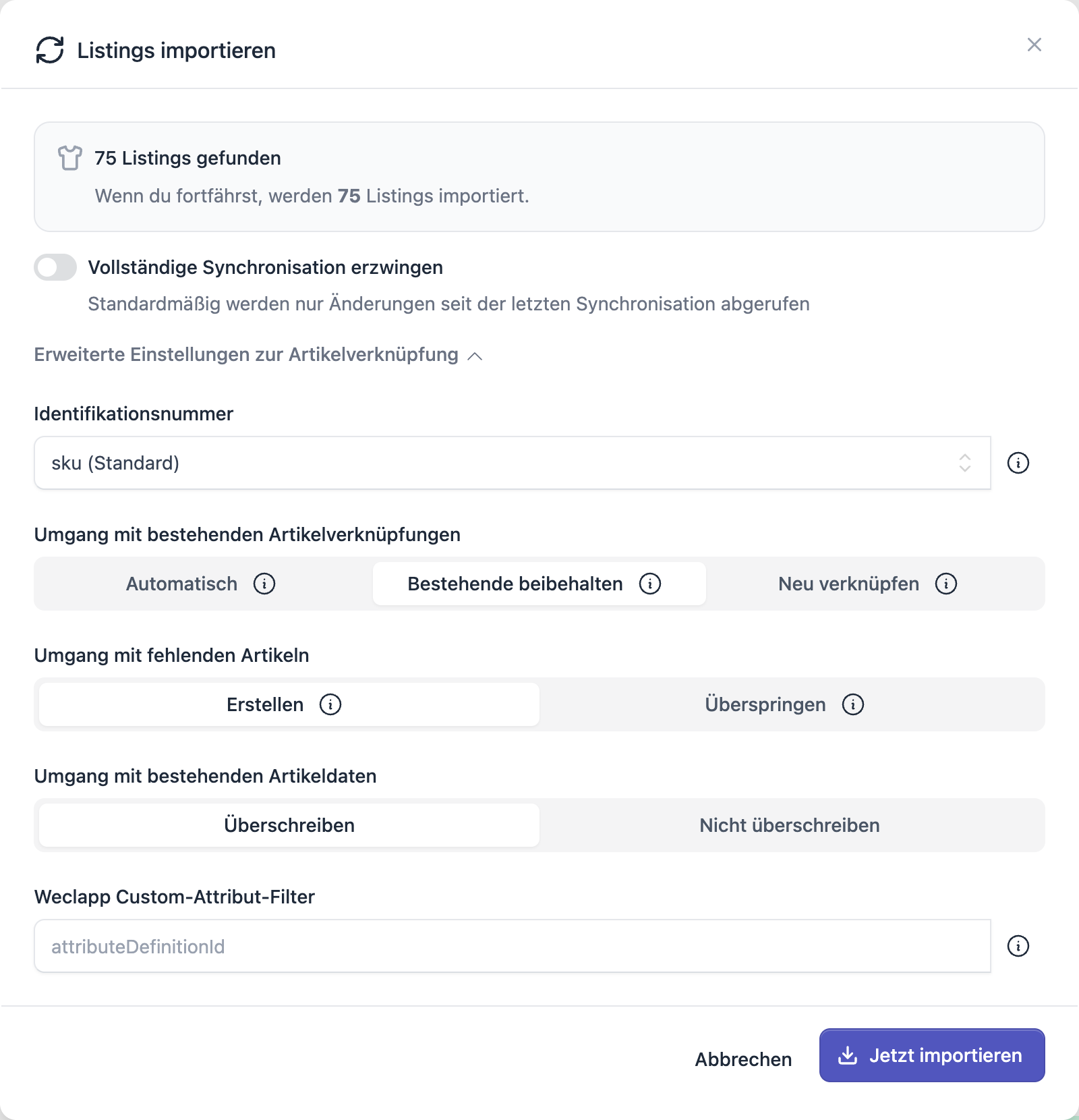 FFN Connect: Dialog „Listings importieren" mit der Auswahl „Umgang mit bestehenden Artikeldaten"
