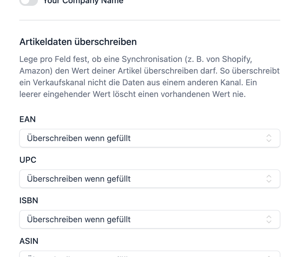 FFN Connect: Abschnitt „Artikeldaten überschreiben" mit der Auswahl je Feld