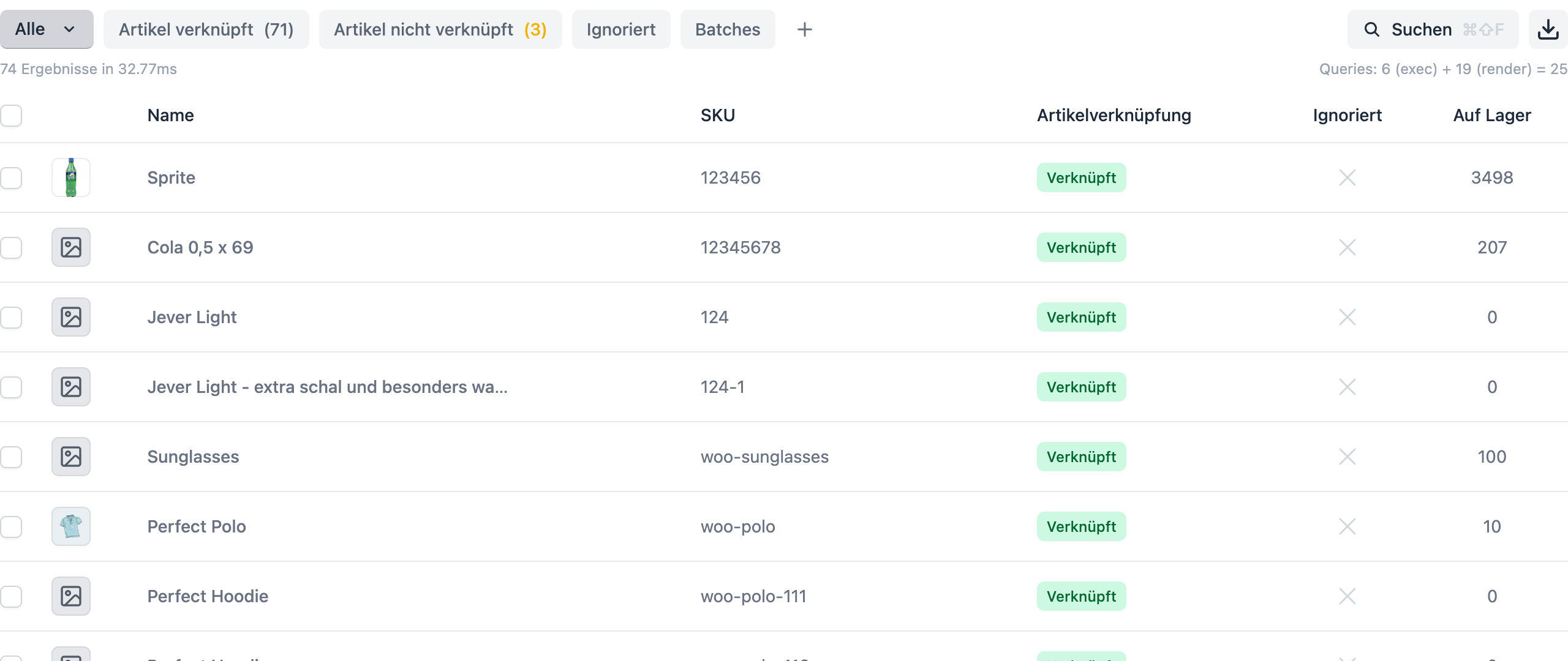 FFN Connect: Listing-Tabelle eines Verkaufskanals mit der Ansicht „Artikel nicht verknüpft"