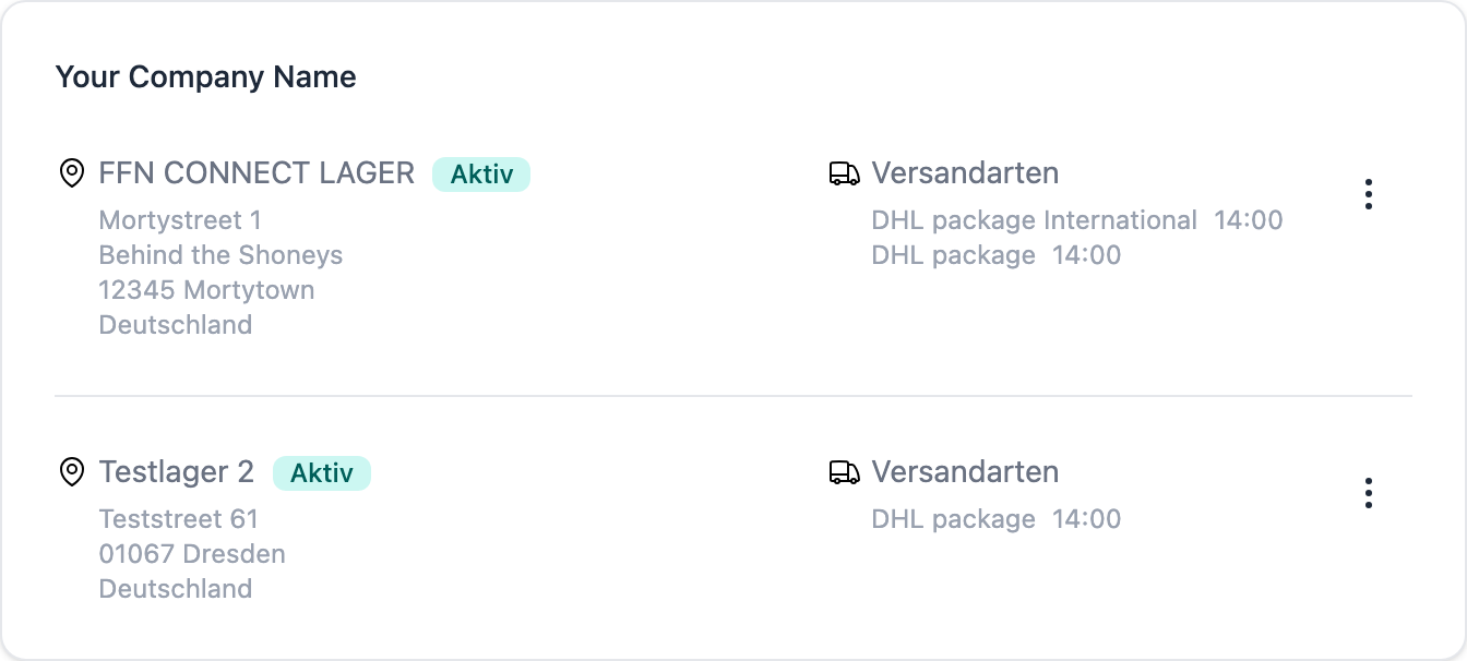 Karte des Fulfillment-Dienstleisters unter Einstellungen → Lager mit freigegebenen Lagern und Versandarten