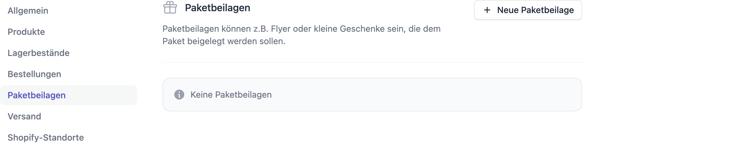 Die Seite Paketbeilagen in den Einstellungen eines Verkaufskanals