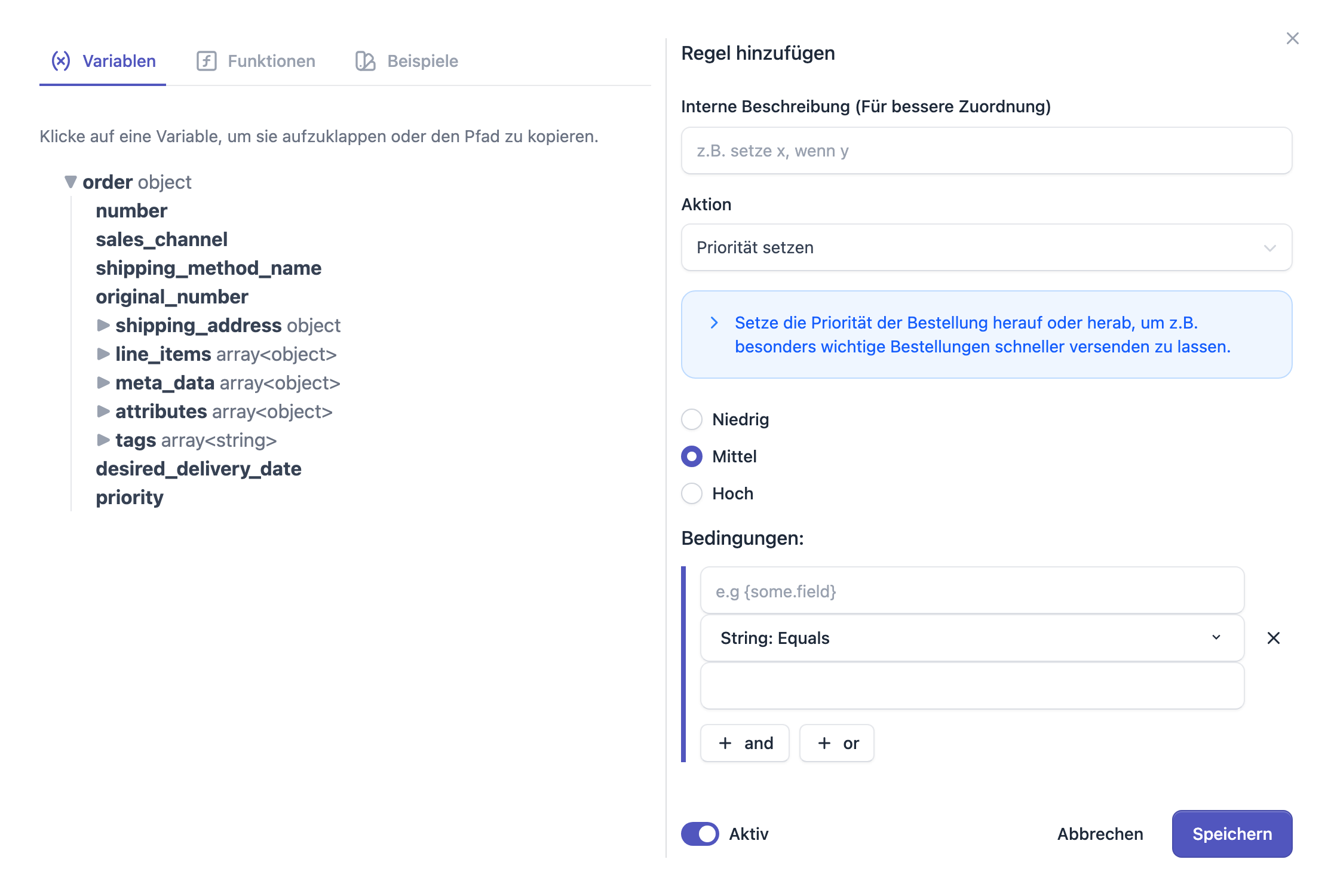 Der Regel-Editor mit Aktion, Optionen und Bedingung