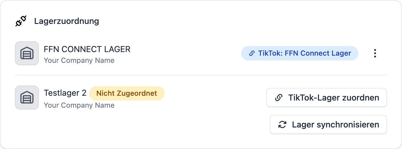 FFN Connect: Karte „Lagerzuordnung" mit einem verknüpften und einem nicht zugeordneten Lager