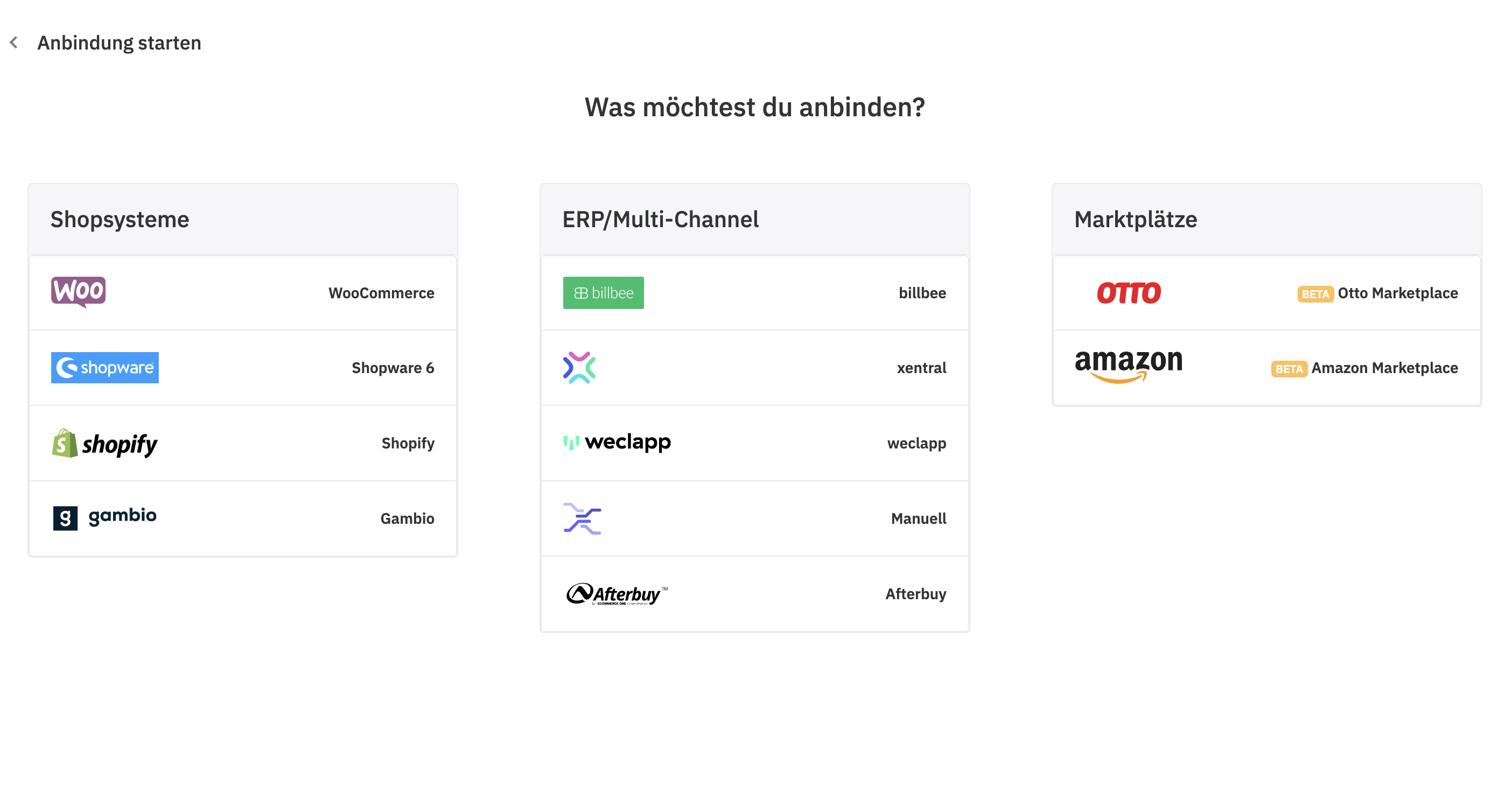 Meine Anbindungen Übersicht