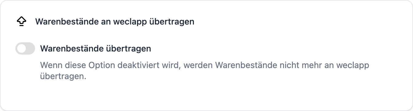 FFN Connect: Karte „Warenbestände an weclapp übertragen" mit ausgeschaltetem Schalter „Warenbestände übertragen"