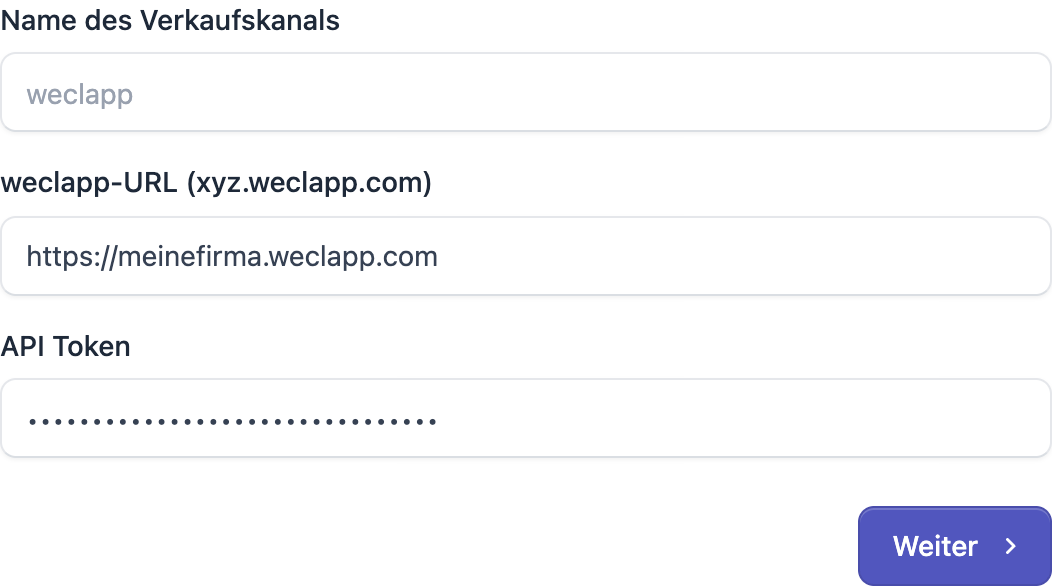 FFN Connect: Formular mit den Feldern Name des Verkaufskanals, weclapp-URL und API Token