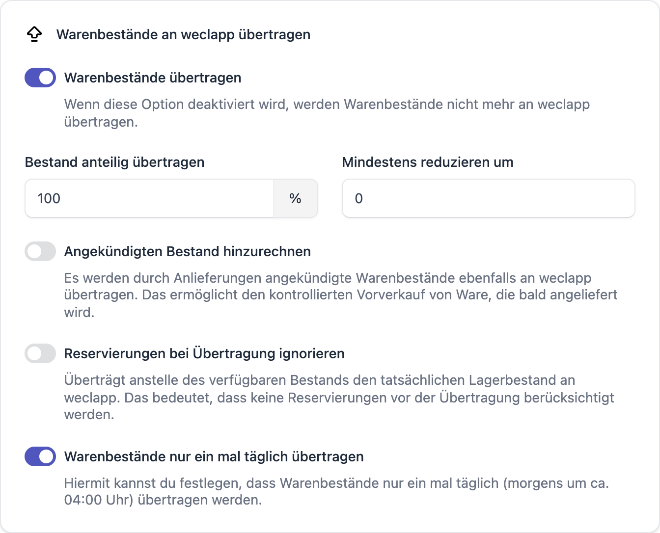 FFN Connect: Karte „Warenbestände an weclapp übertragen" mit anteiliger Übertragung, angekündigtem Bestand und Reservierungen