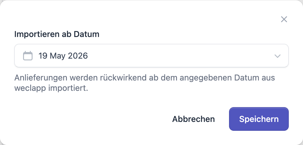 FFN Connect: Dialog „Importieren ab Datum" mit Datumsfeld und der Schaltfläche Speichern