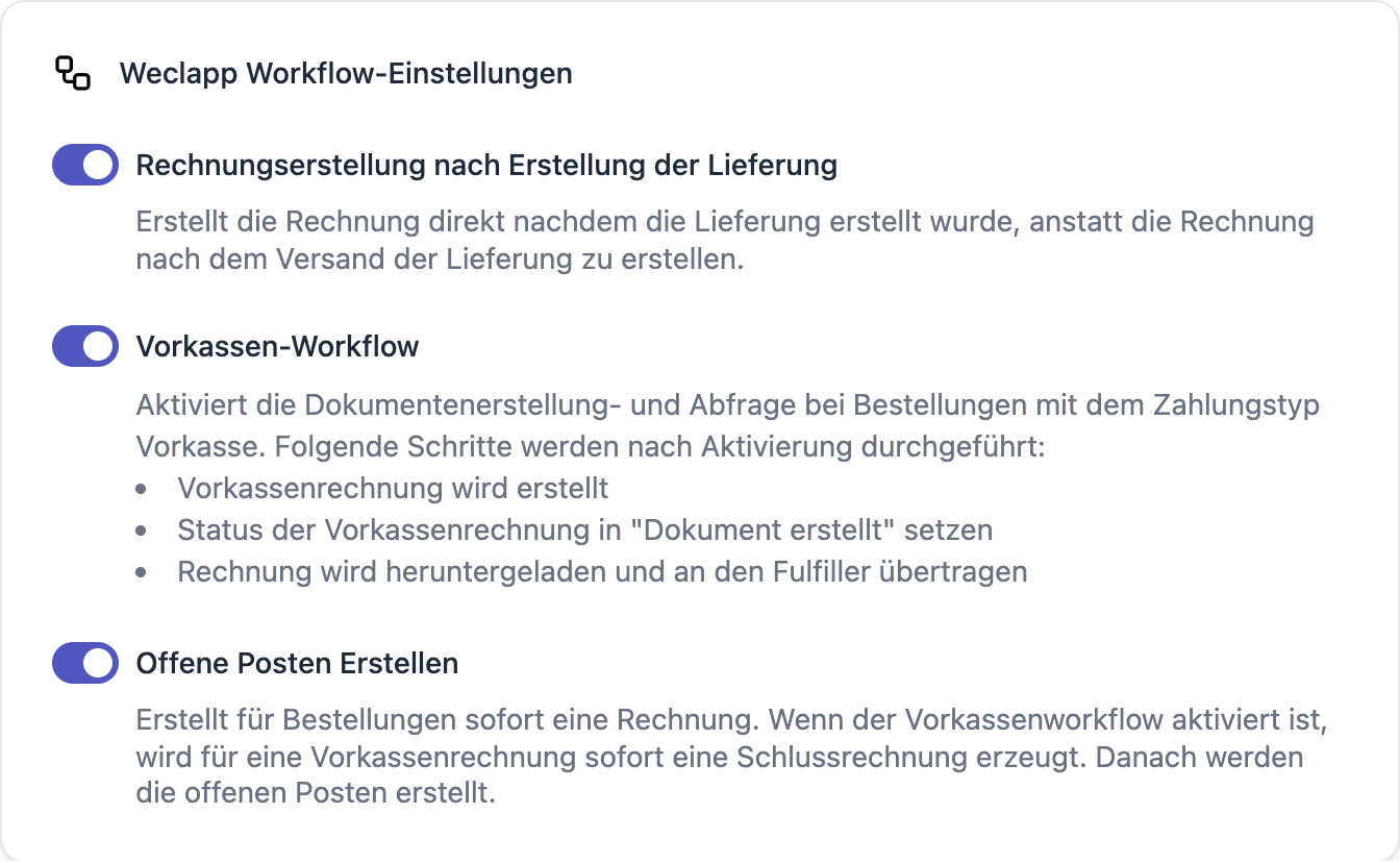 FFN Connect: Karte „Weclapp Workflow-Einstellungen" mit Rechnungserstellung, Vorkassen-Workflow und offenen Posten