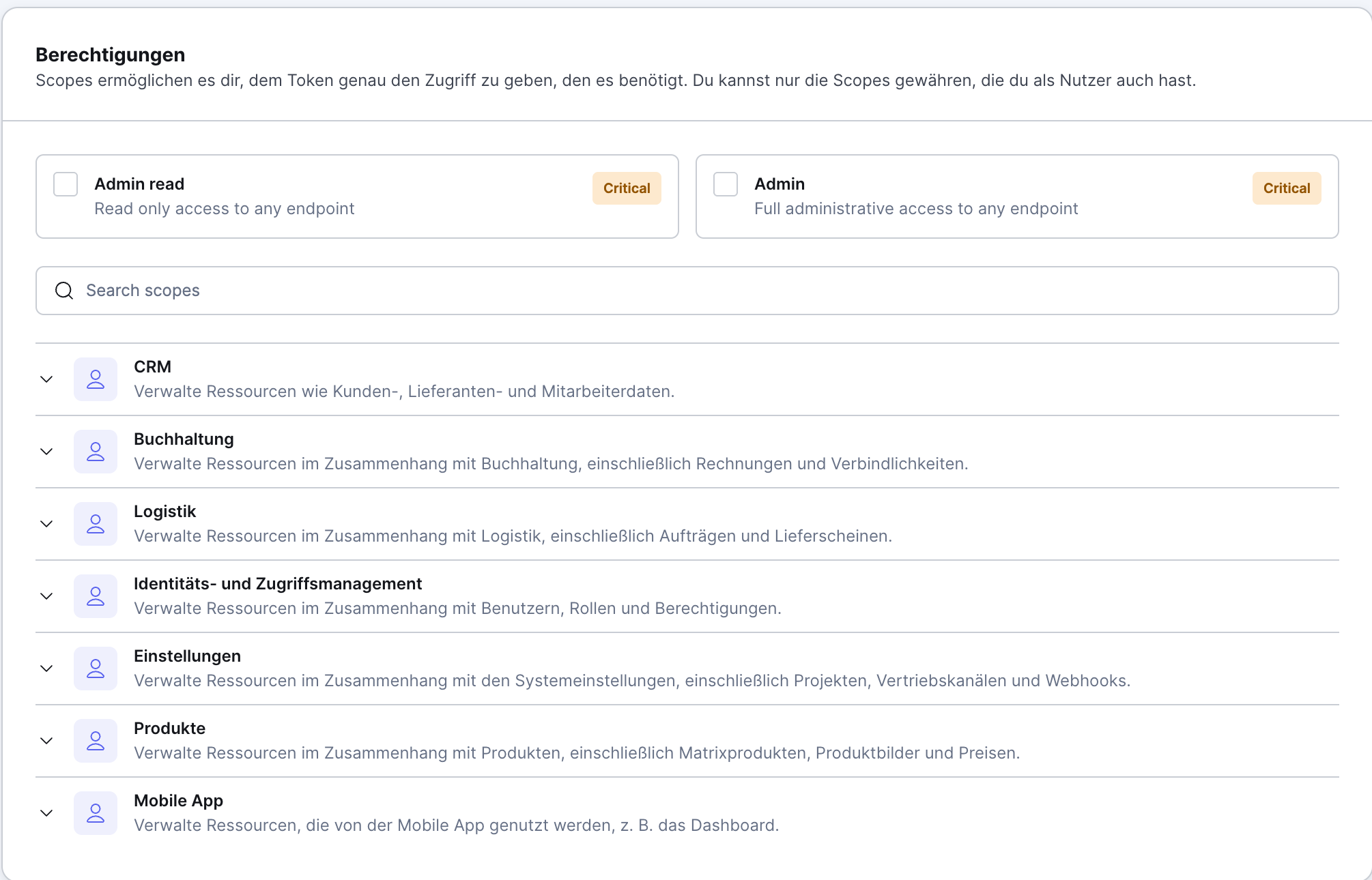 Xentral: Bereich „Berechtigungen" eines Personal Access Token mit den Scopes „Admin read" und „Admin" sowie den Gruppen CRM, Buchhaltung, Logistik, Produkte