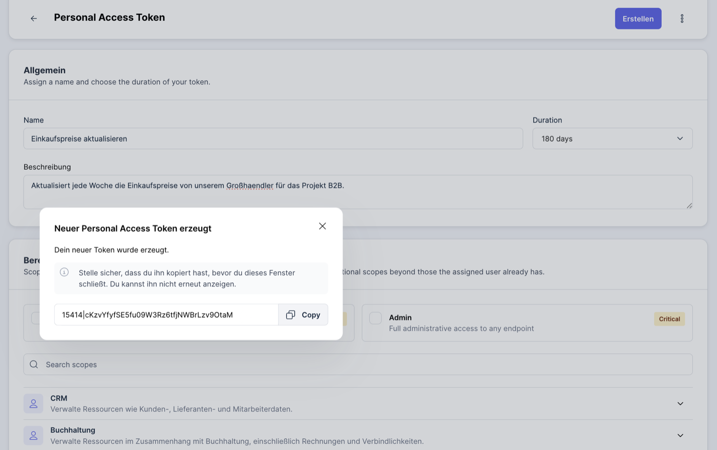 Xentral: Dialog „Neuer Personal Access Token erzeugt" mit dem Token und der Schaltfläche „Copy"