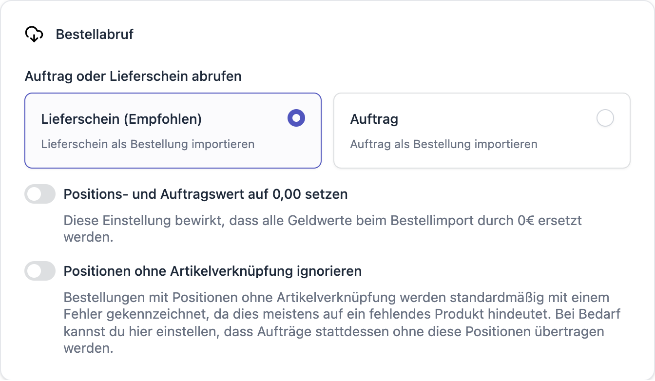 FFN Connect: Bereich „Bestellabruf" mit der Auswahl zwischen „Lieferschein (Empfohlen)" und „Auftrag"
