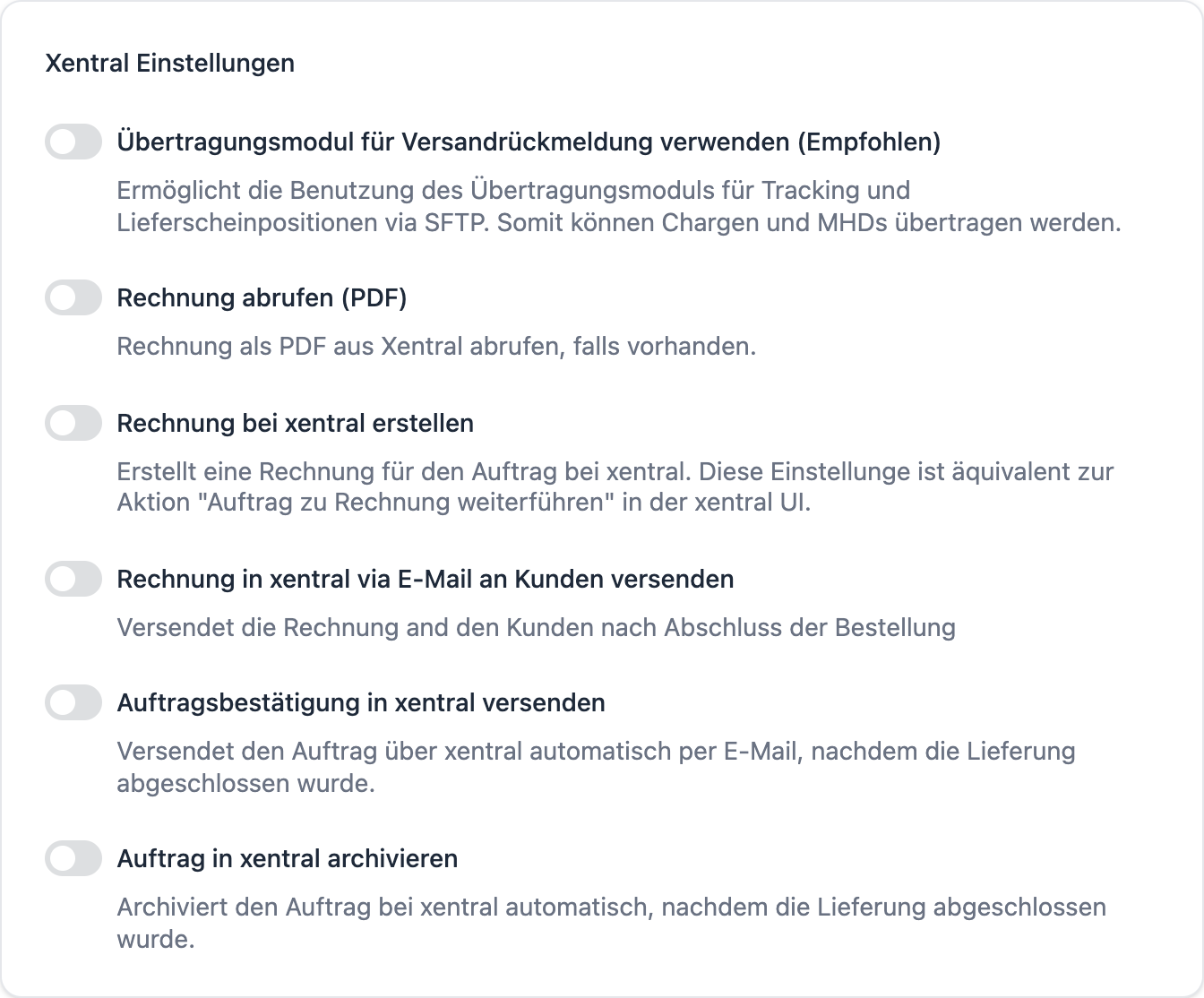 FFN Connect: Karte „Xentral Einstellungen" im Auftrags-Modus mit den zusätzlichen Optionen für Rechnung, Auftragsbestätigung und Archivierung