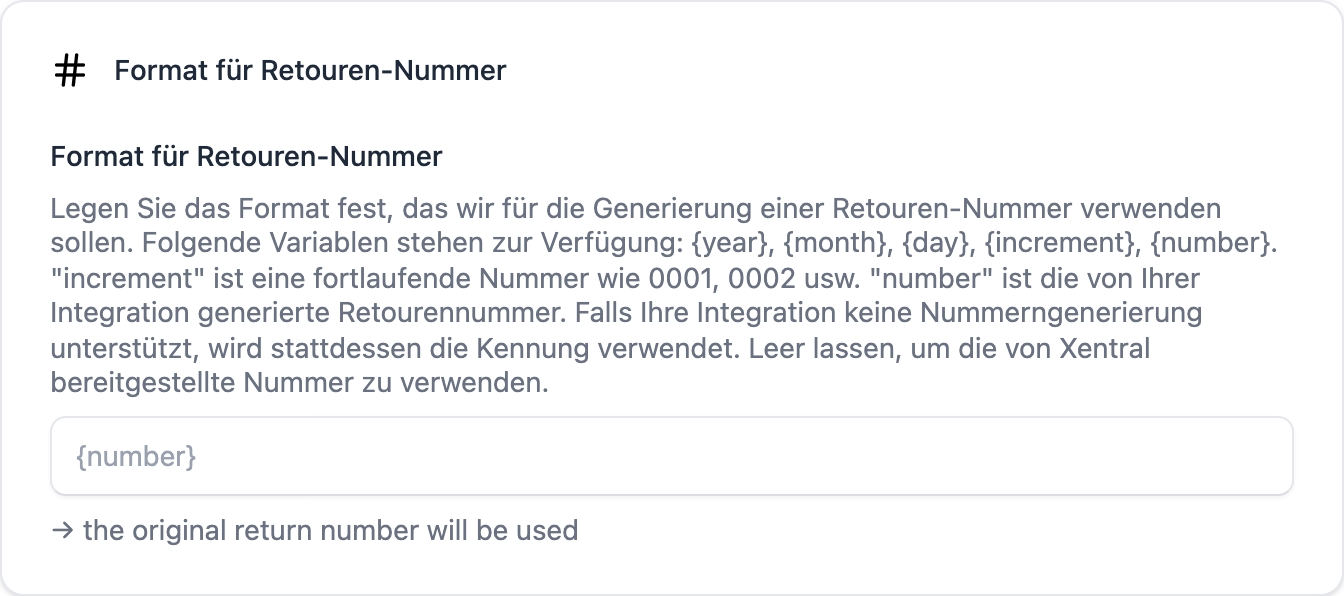 FFN Connect: Karte „Format für Retouren-Nummer" mit dem Eingabefeld und der Liste der verfügbaren Variablen