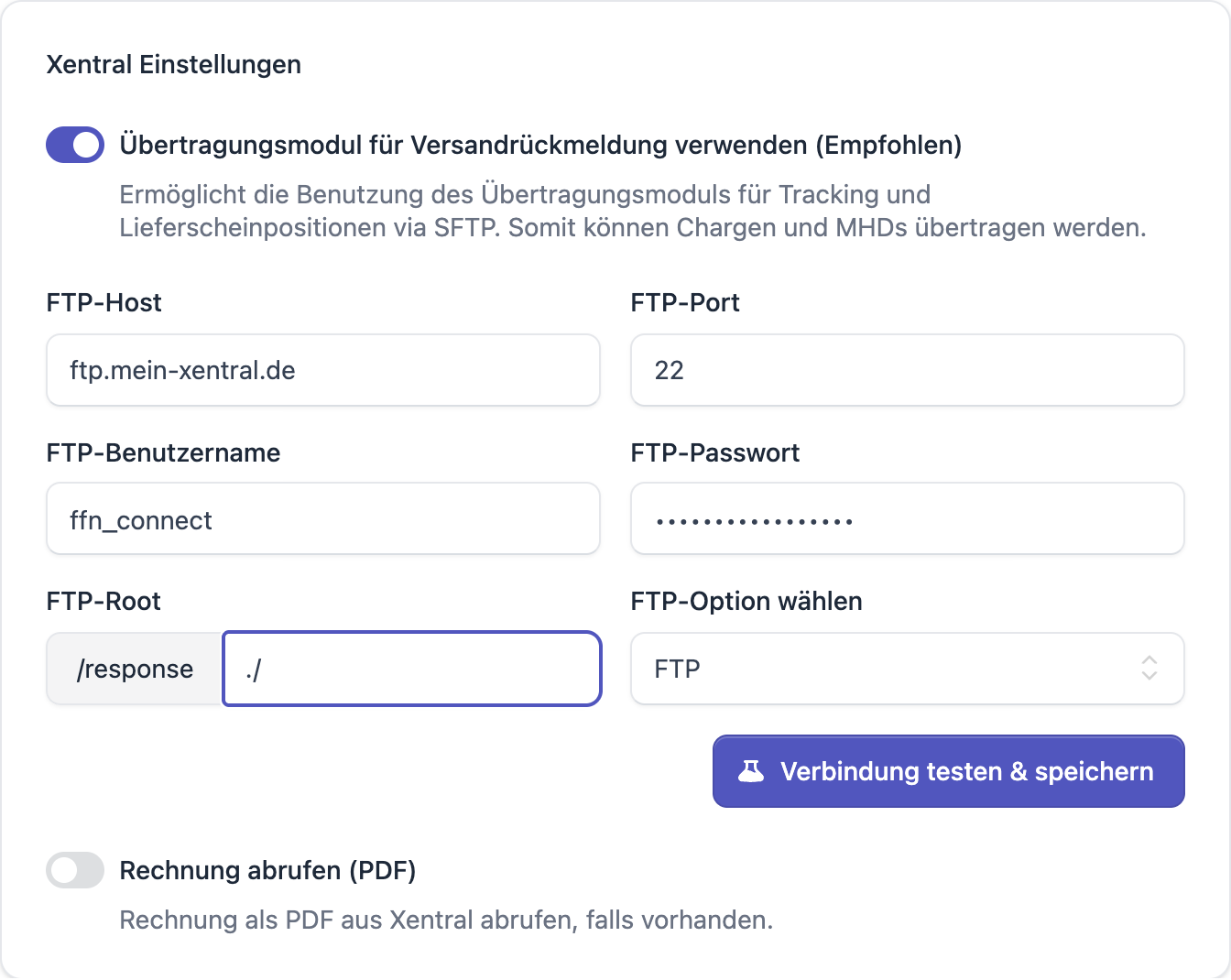 FFN Connect: Karte „Xentral Einstellungen" mit aktiviertem Übertragungsmodul und den Feldern FTP-Host, FTP-Port, FTP-Benutzername, FTP-Passwort, FTP-Root und Protokollauswahl
