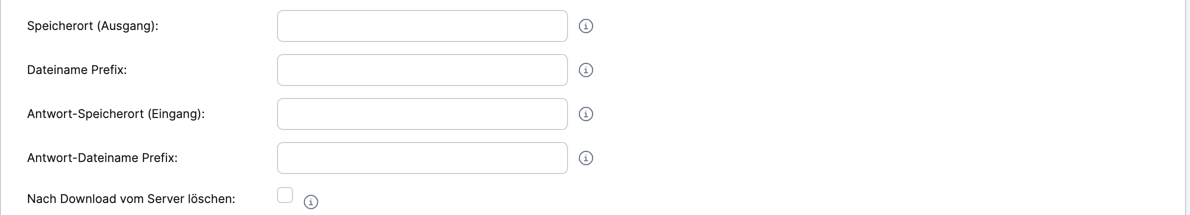 Xentral: Felder Speicherort (Ausgang), Dateiname Prefix, Antwort-Speicherort (Eingang), Antwort-Dateiname Prefix und „Nach Download vom Server löschen"