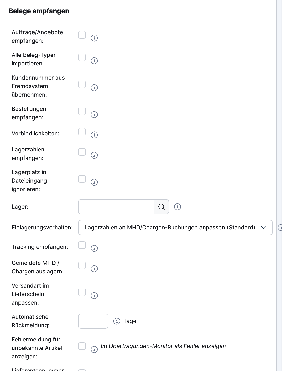 Xentral: Bereich „Belege empfangen" mit Lagerzahlen empfangen, Einlagerungsverhalten, Tracking empfangen, Gemeldete MHD / Chargen auslagern und Automatische Rückmeldung